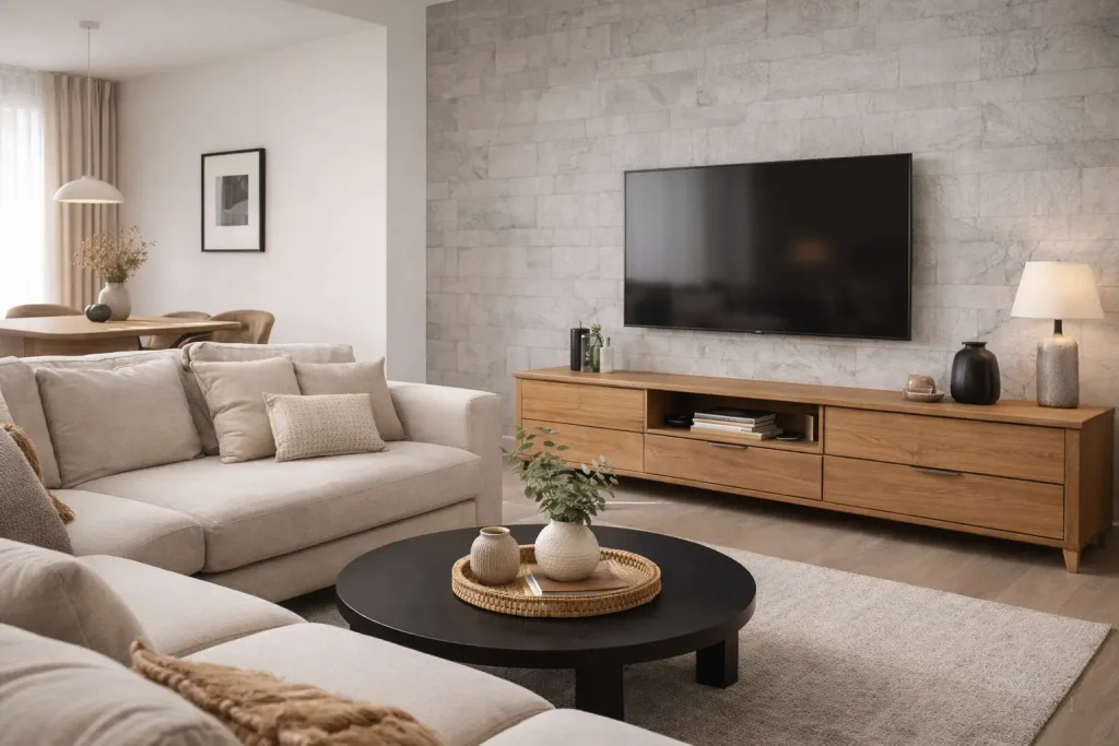 Si tu salón ya tiene mucho protagonismo, baja el gesto de la pared